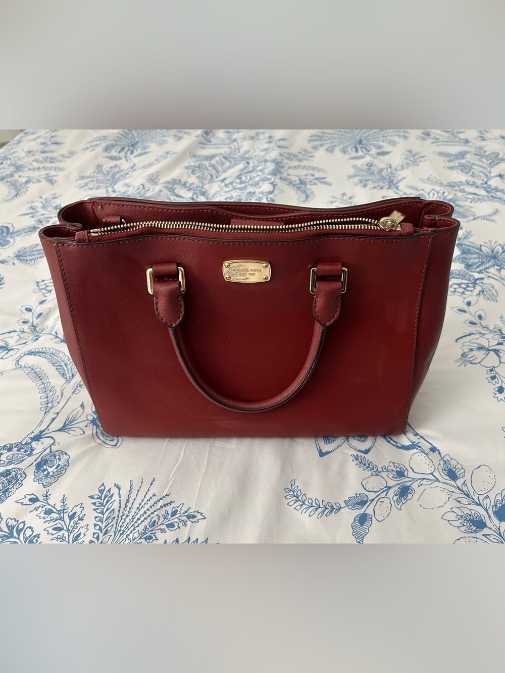 Michael Kors Burgundy Saffiano Leather Satchel with Gold Hardware